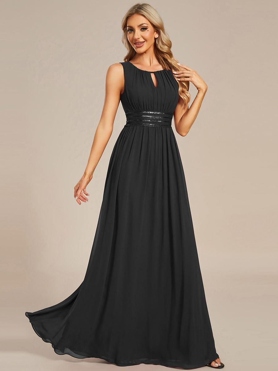 A-Line Chiffon Evening Dress with Sleeveless Round Neckline and Pleats #color_Black