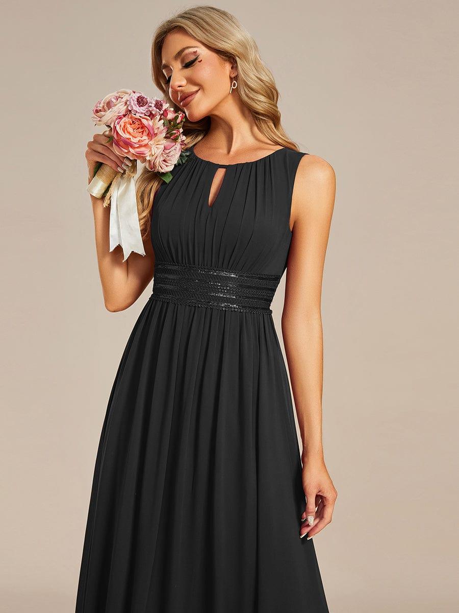 A-Line Chiffon Evening Dress with Sleeveless Round Neckline and Pleats #color_Black