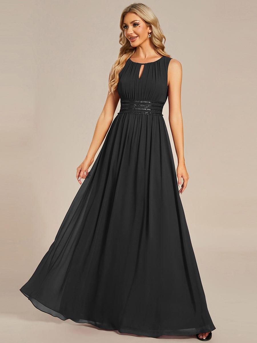 A-Line Chiffon Evening Dress with Sleeveless Round Neckline and Pleats #color_Black