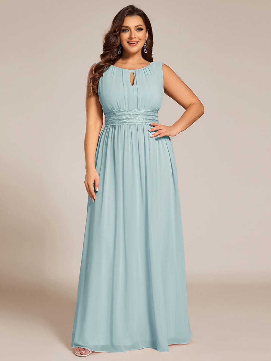 A-Line Chiffon Bridesmaid Dress with Sleeveless Round Neckline and Pleats #color_Sky Blue