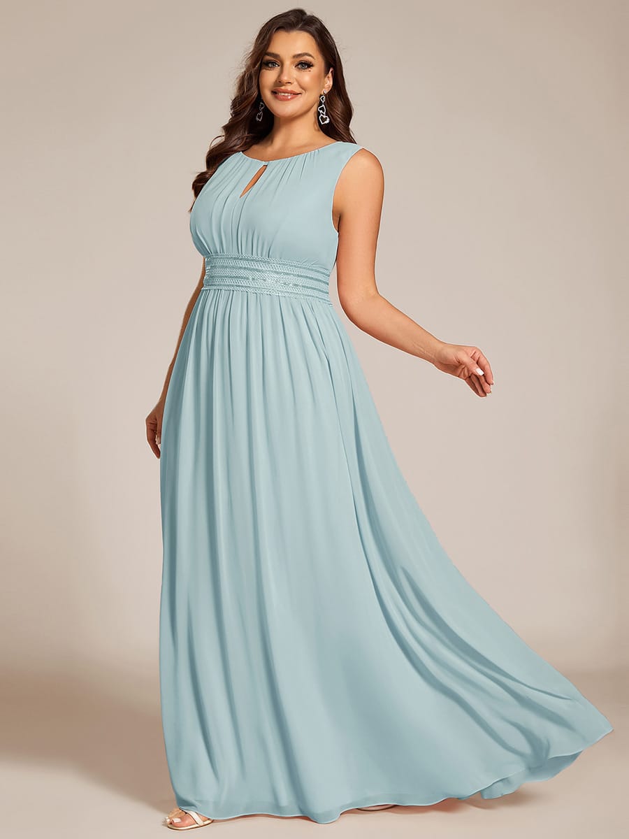 A-Line Chiffon Bridesmaid Dress with Sleeveless Round Neckline and Pleats #color_Sky Blue