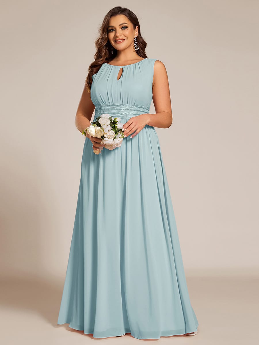 A-Line Chiffon Bridesmaid Dress with Sleeveless Round Neckline and Pleats #color_Sky Blue