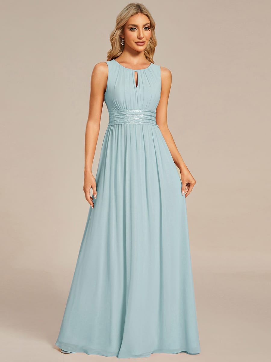 A-Line Chiffon Bridesmaid Dress with Sleeveless Round Neckline and Pleats #color_Sky Blue