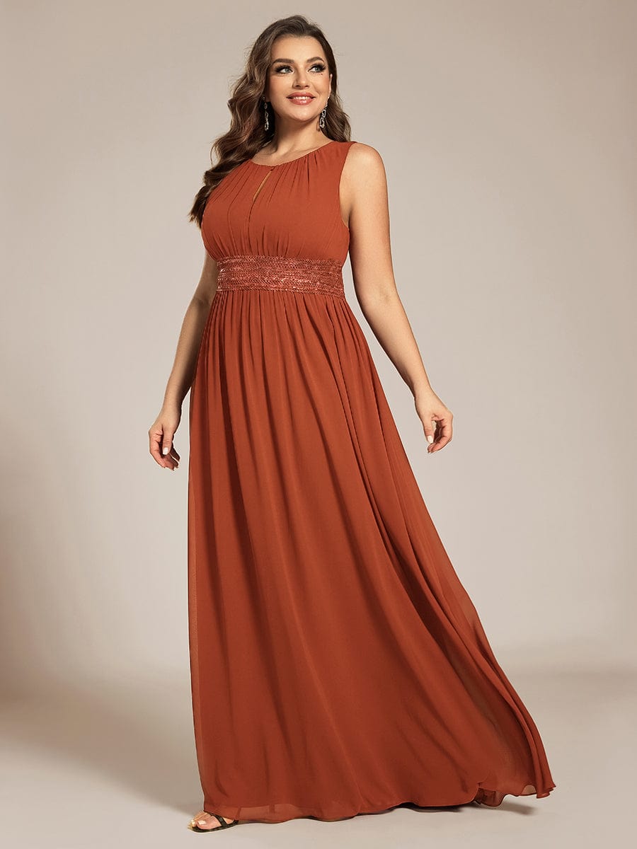 A-Line Chiffon Bridesmaid Dress with Sleeveless Round Neckline and Pleats #color_Burnt Orange