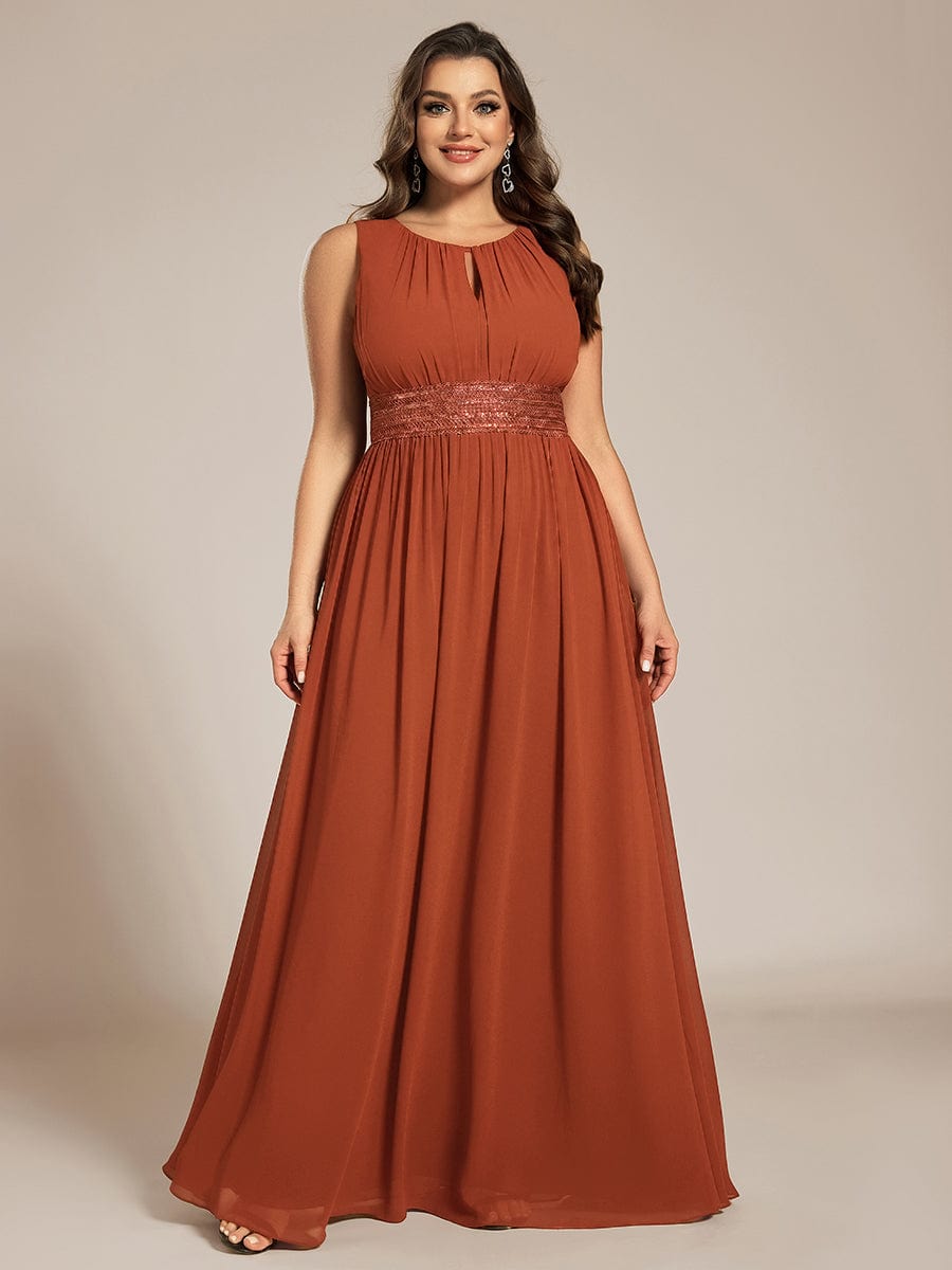 A-Line Chiffon Bridesmaid Dress with Sleeveless Round Neckline and Pleats #color_Burnt Orange