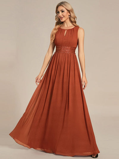 A-Line Chiffon Bridesmaid Dress with Sleeveless Round Neckline and Pleats #color_Burnt Orange