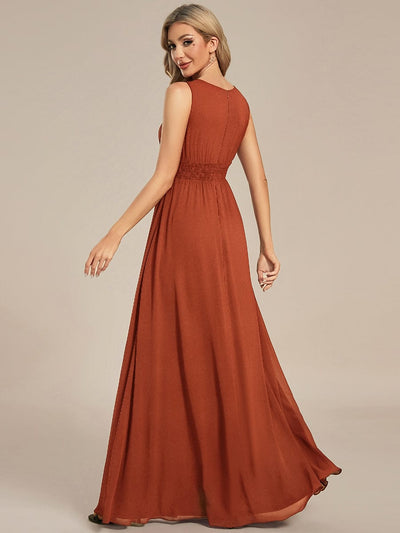 A-Line Chiffon Bridesmaid Dress with Sleeveless Round Neckline and Pleats #color_Burnt Orange