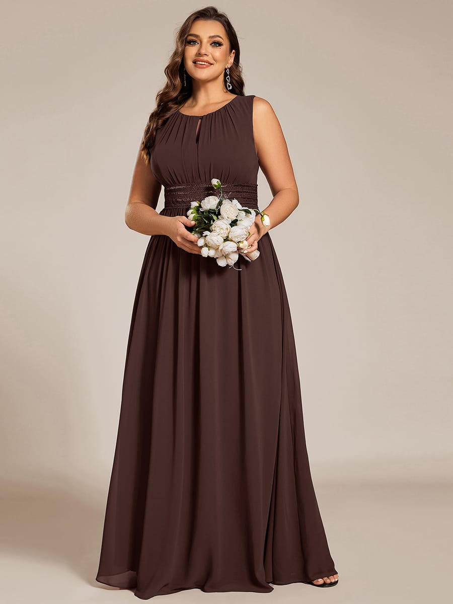 A-Line Chiffon Evening Dress with Sleeveless Round Neckline and Pleats #color_Chocolate Brown
