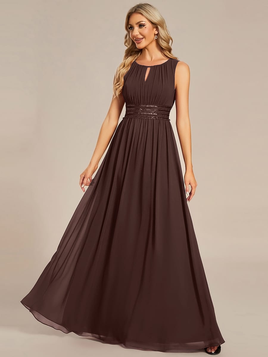 A-Line Chiffon Evening Dress with Sleeveless Round Neckline and Pleats #color_Chocolate Brown