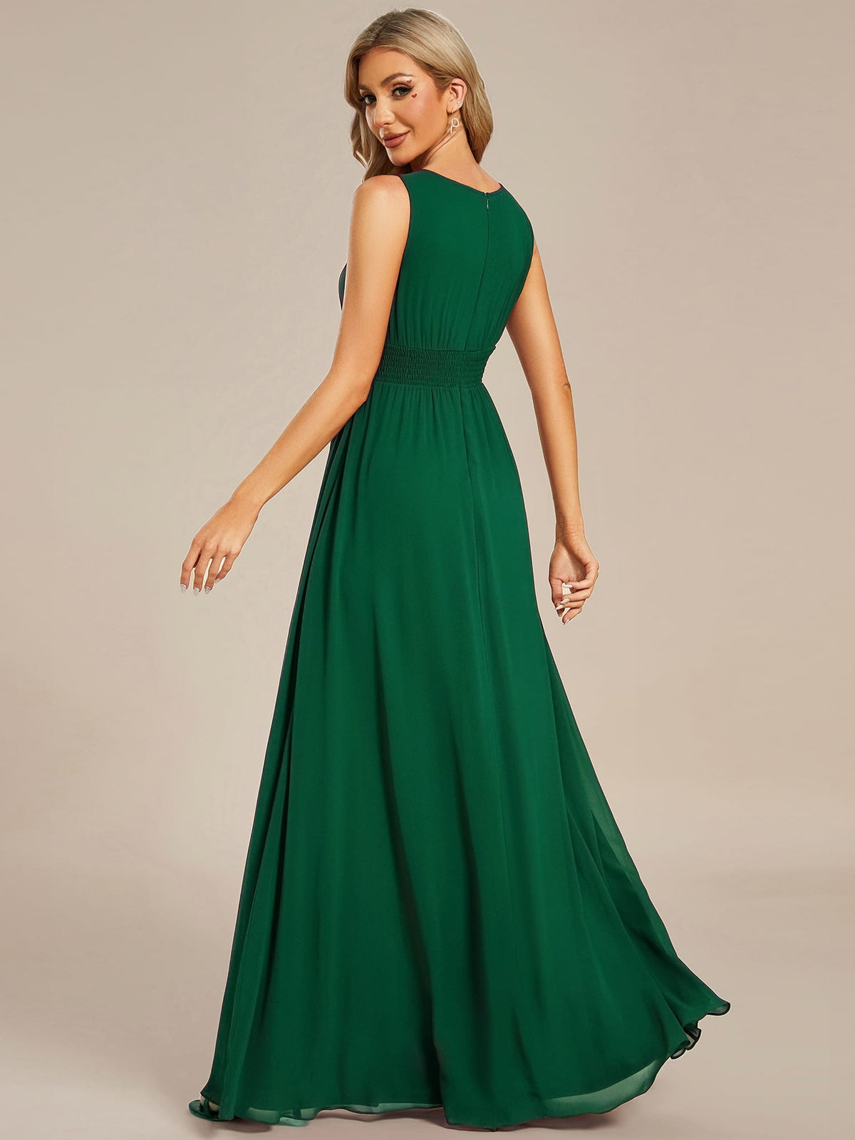 A-Line Chiffon Bridesmaid Dress with Sleeveless Round Neckline and Pleats #color_Dark Green