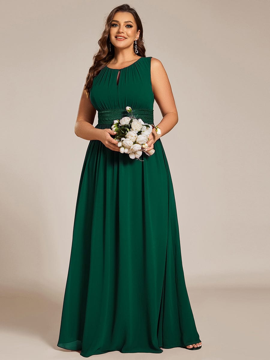 A-Line Chiffon Bridesmaid Dress with Sleeveless Round Neckline and Pleats #color_Dark Green