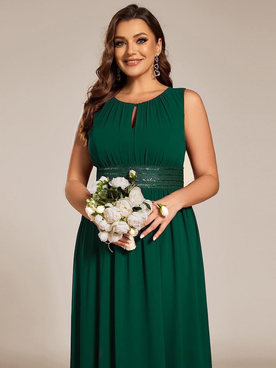 A-Line Chiffon Bridesmaid Dress with Sleeveless Round Neckline and Pleats #color_Dark Green