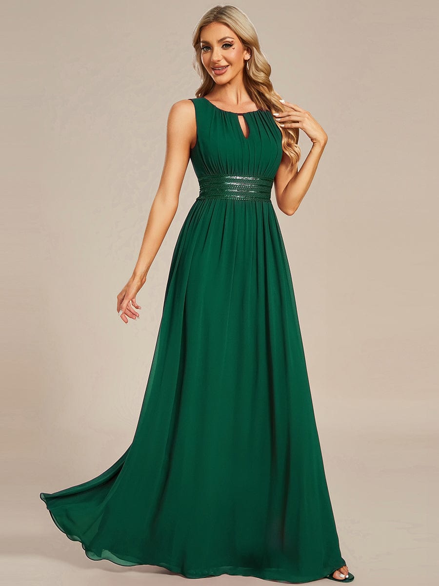 A-Line Chiffon Bridesmaid Dress with Sleeveless Round Neckline and Pleats #color_Dark Green
