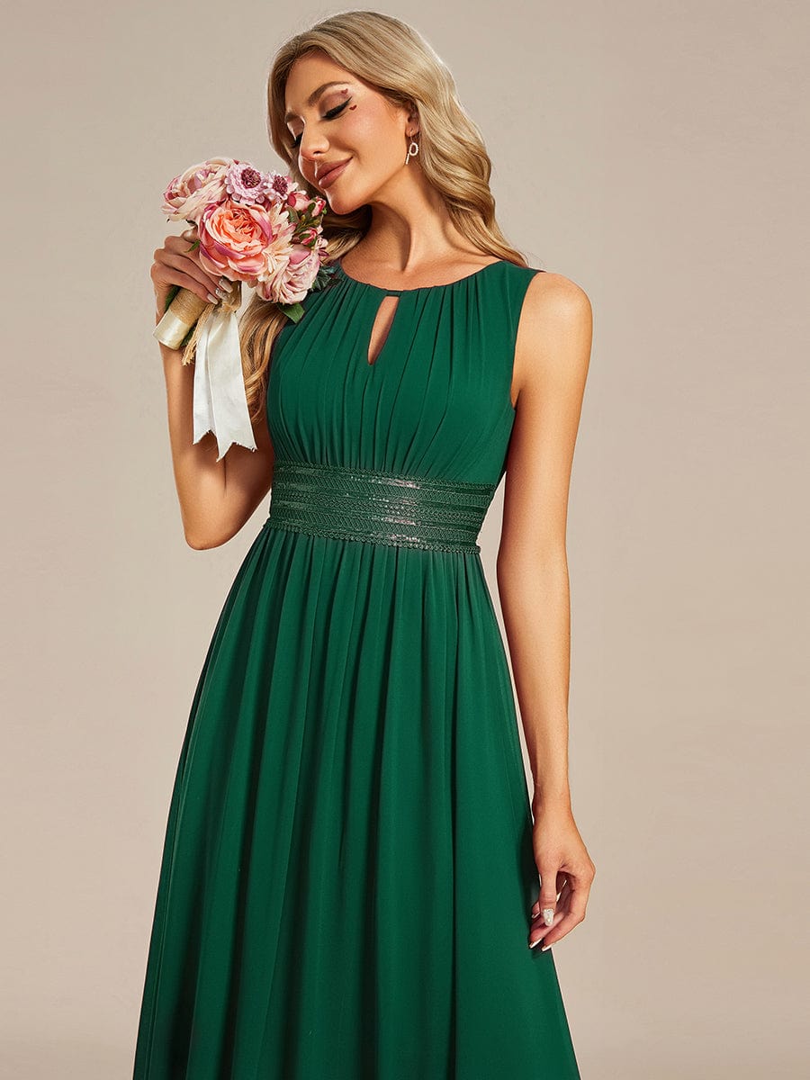 A-Line Chiffon Bridesmaid Dress with Sleeveless Round Neckline and Pleats #color_Dark Green