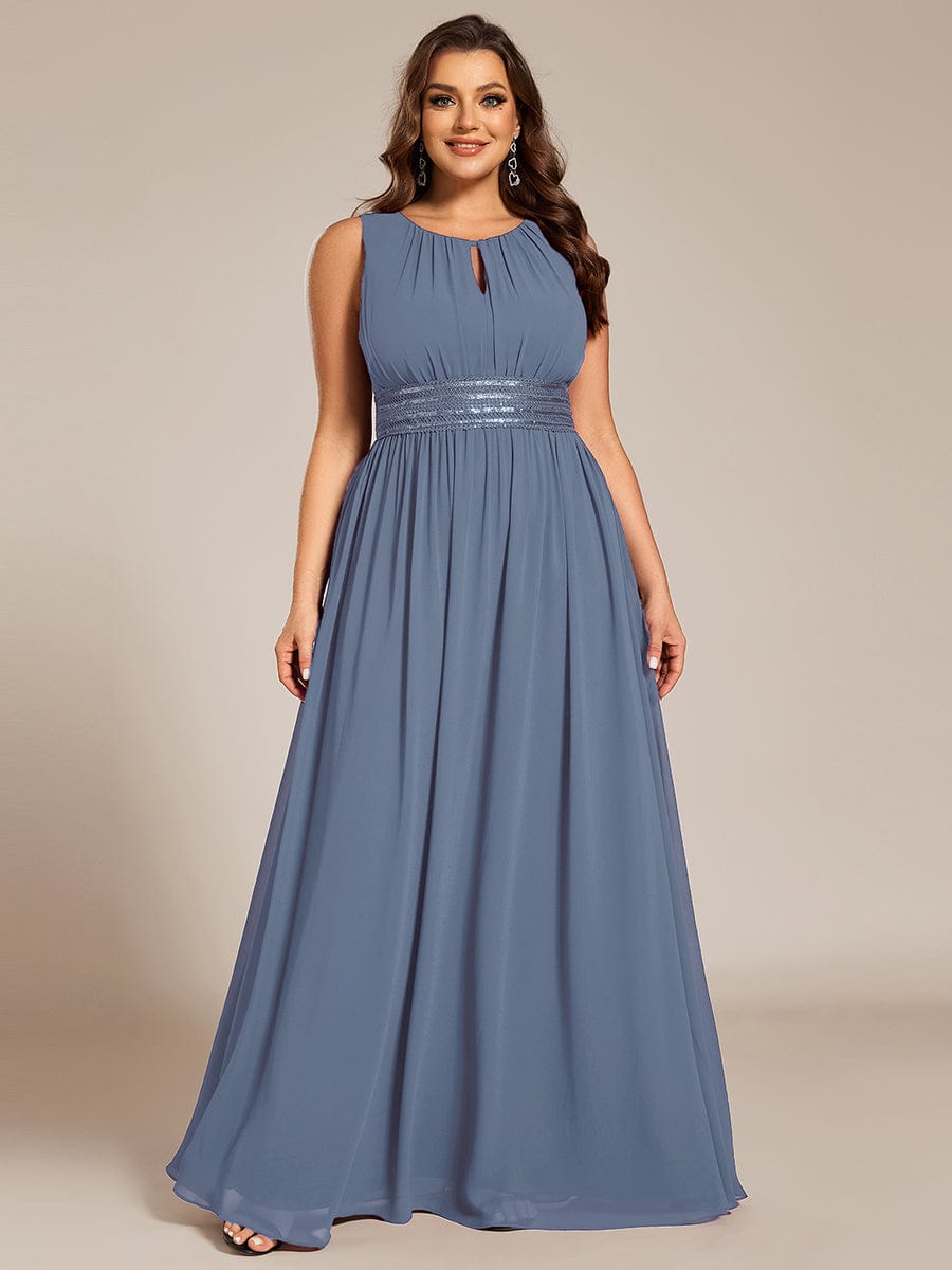 A-Line Chiffon Bridesmaid Dress with Sleeveless Round Neckline and Pleats #color_Dusty Blue