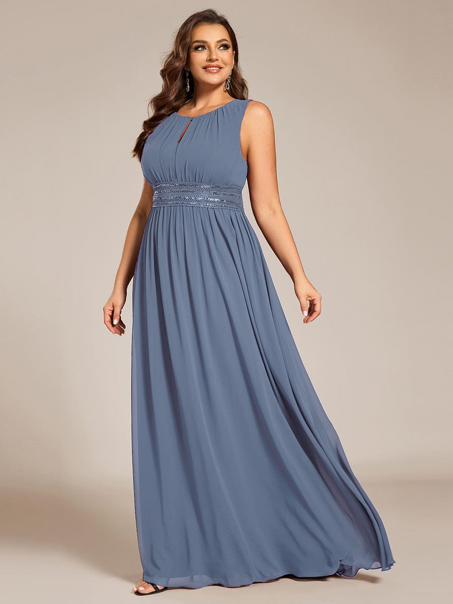 A-Line Chiffon Bridesmaid Dress with Sleeveless Round Neckline and Pleats #color_Dusty Blue
