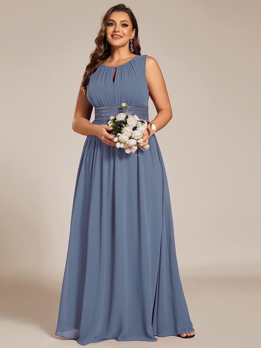 A-Line Chiffon Bridesmaid Dress with Sleeveless Round Neckline and Pleats #color_Dusty Blue