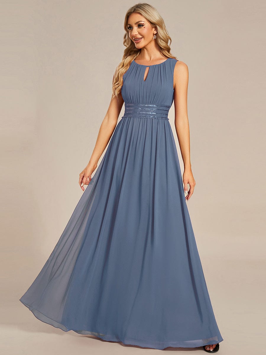 A-Line Chiffon Bridesmaid Dress with Sleeveless Round Neckline and Pleats #color_Dusty Blue