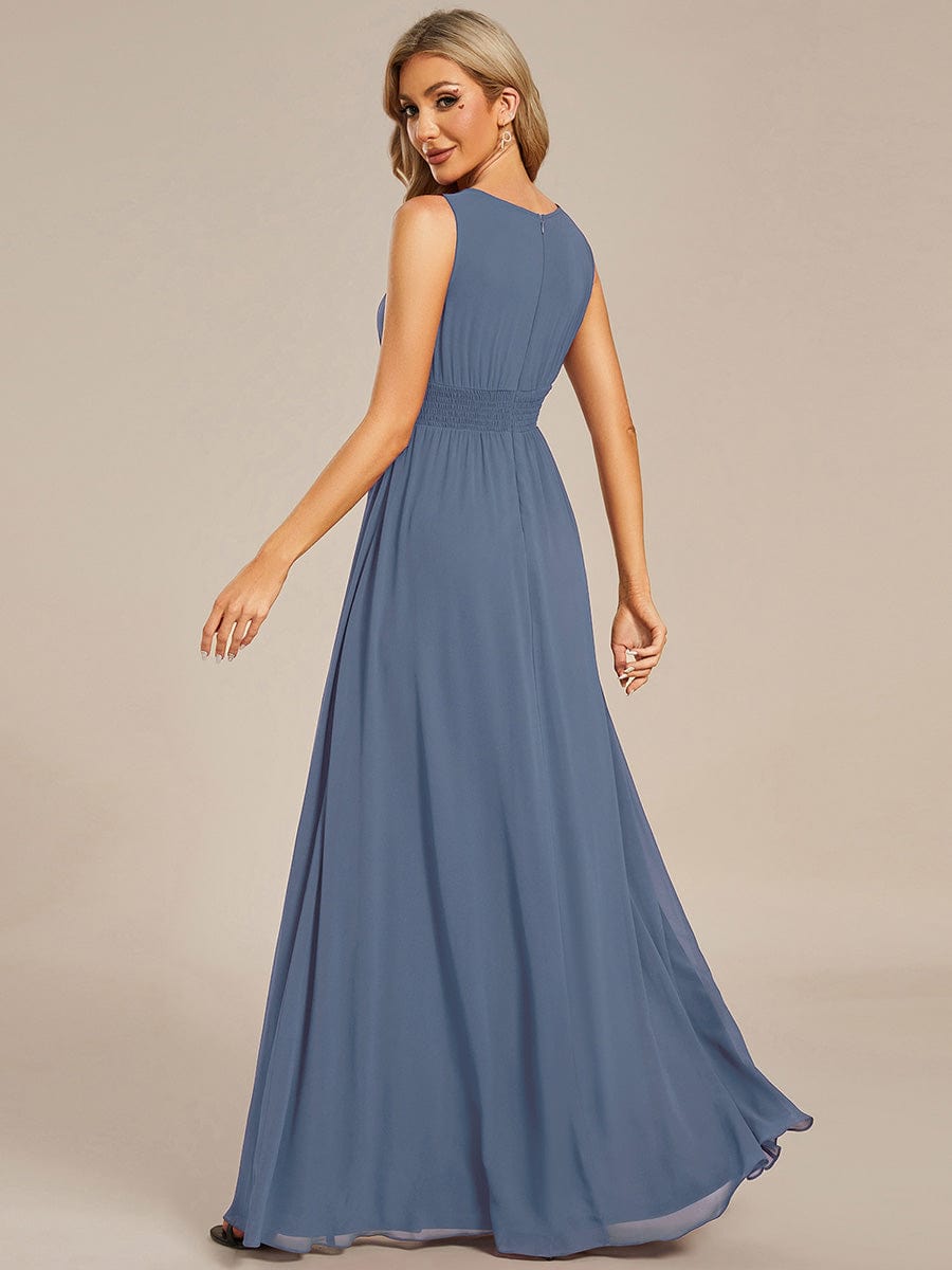 A-Line Chiffon Bridesmaid Dress with Sleeveless Round Neckline and Pleats #color_Dusty Blue