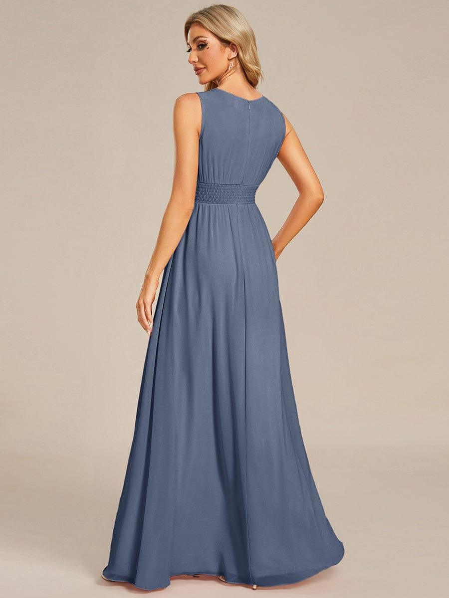 A-Line Chiffon Evening Dress with Sleeveless Round Neckline and Pleats #color_Dusty Blue