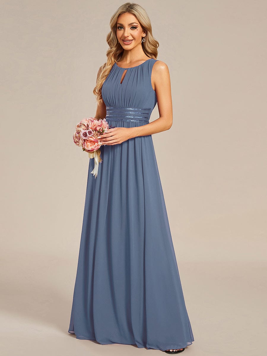 A-Line Chiffon Bridesmaid Dress with Sleeveless Round Neckline and Pleats #color_Dusty Blue