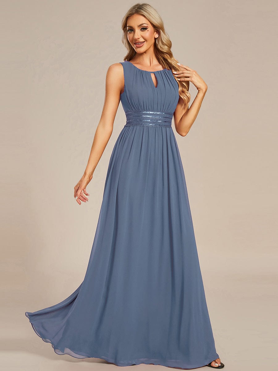 A-Line Chiffon Bridesmaid Dress with Sleeveless Round Neckline and Pleats #color_Dusty Blue