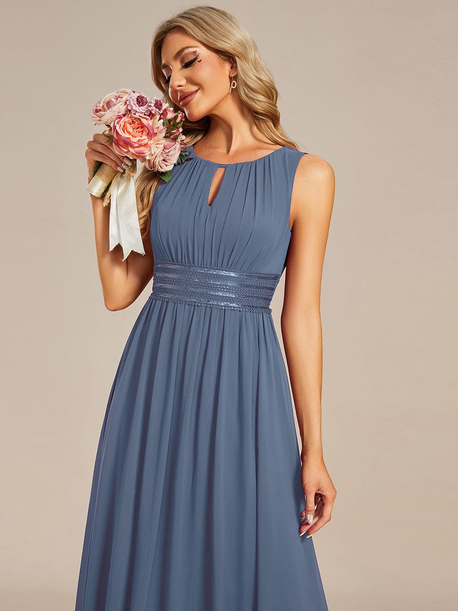 A-Line Chiffon Bridesmaid Dress with Sleeveless Round Neckline and Pleats #color_Dusty Blue