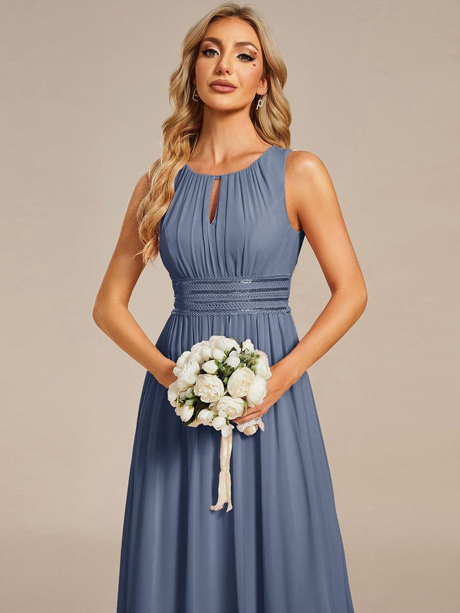 A-Line Chiffon Evening Dress with Sleeveless Round Neckline and Pleats #color_Dusty Blue
