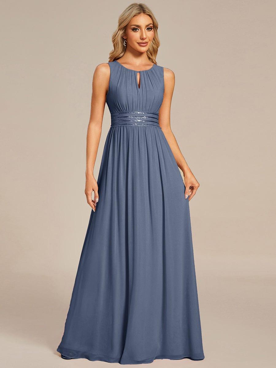 A-Line Chiffon Evening Dress with Sleeveless Round Neckline and Pleats #color_Dusty Blue