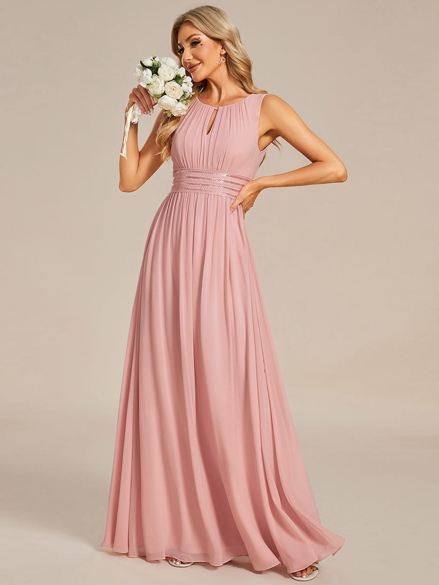 A-Line Chiffon Bridesmaid Dress with Sleeveless Round Neckline and Pleats #color_Dusty Rose