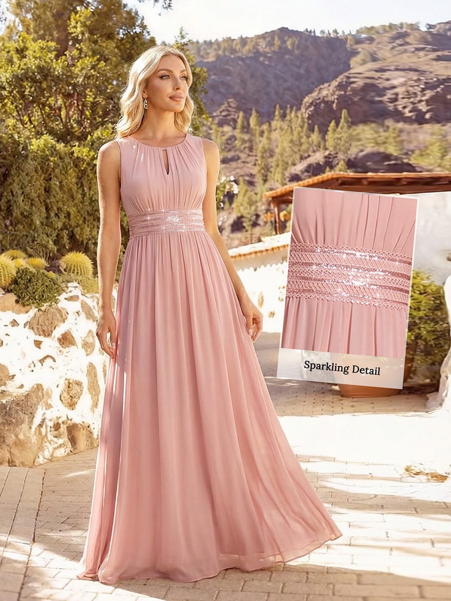 A-Line Chiffon Bridesmaid Dress with Sleeveless Round Neckline and Pleats #color_Dusty Rose