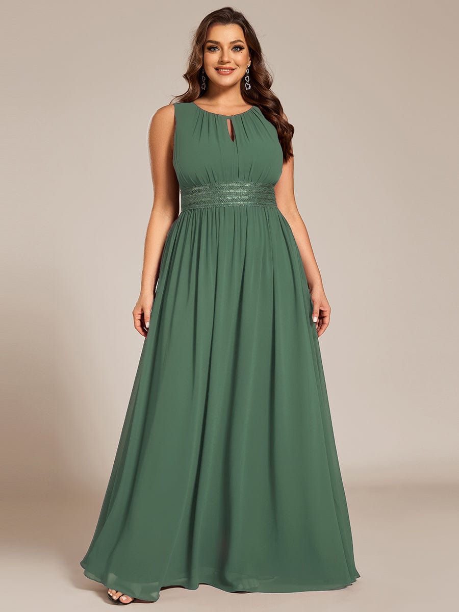 A-Line Chiffon Bridesmaid Dress with Sleeveless Round Neckline and Pleats #color_Eucalyptus Green