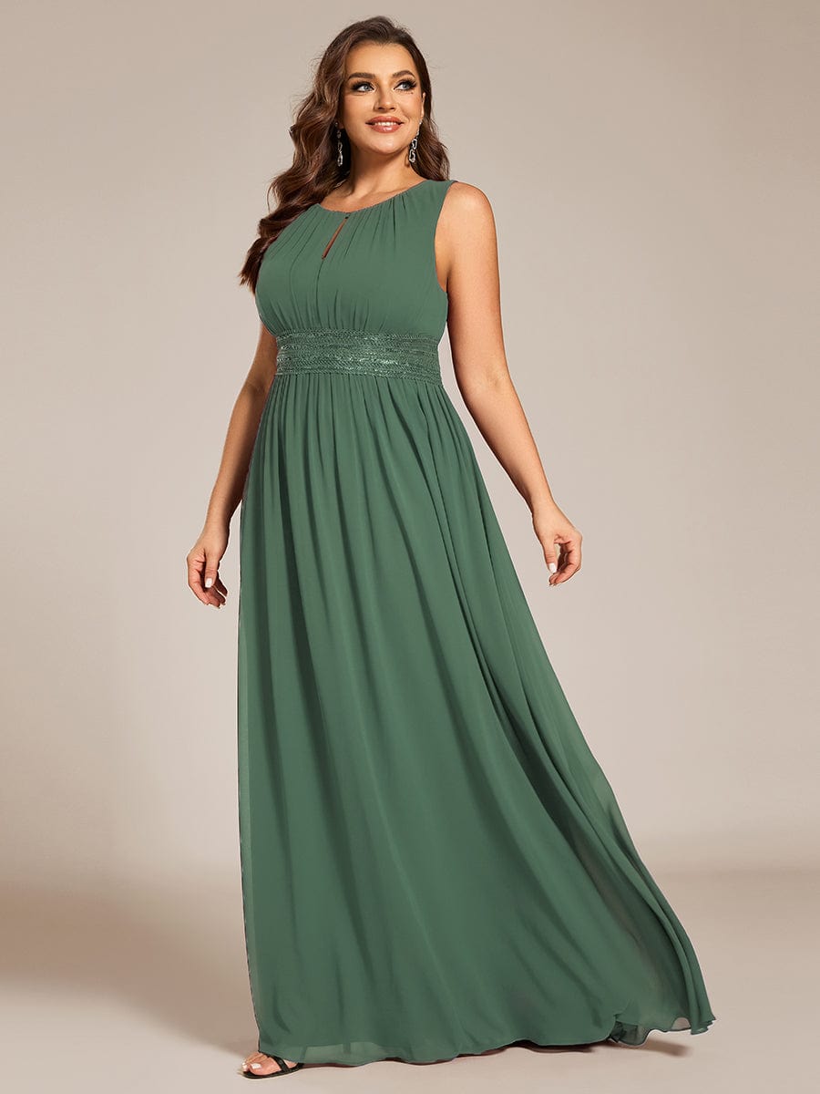 A-Line Chiffon Bridesmaid Dress with Sleeveless Round Neckline and Pleats #color_Eucalyptus Green