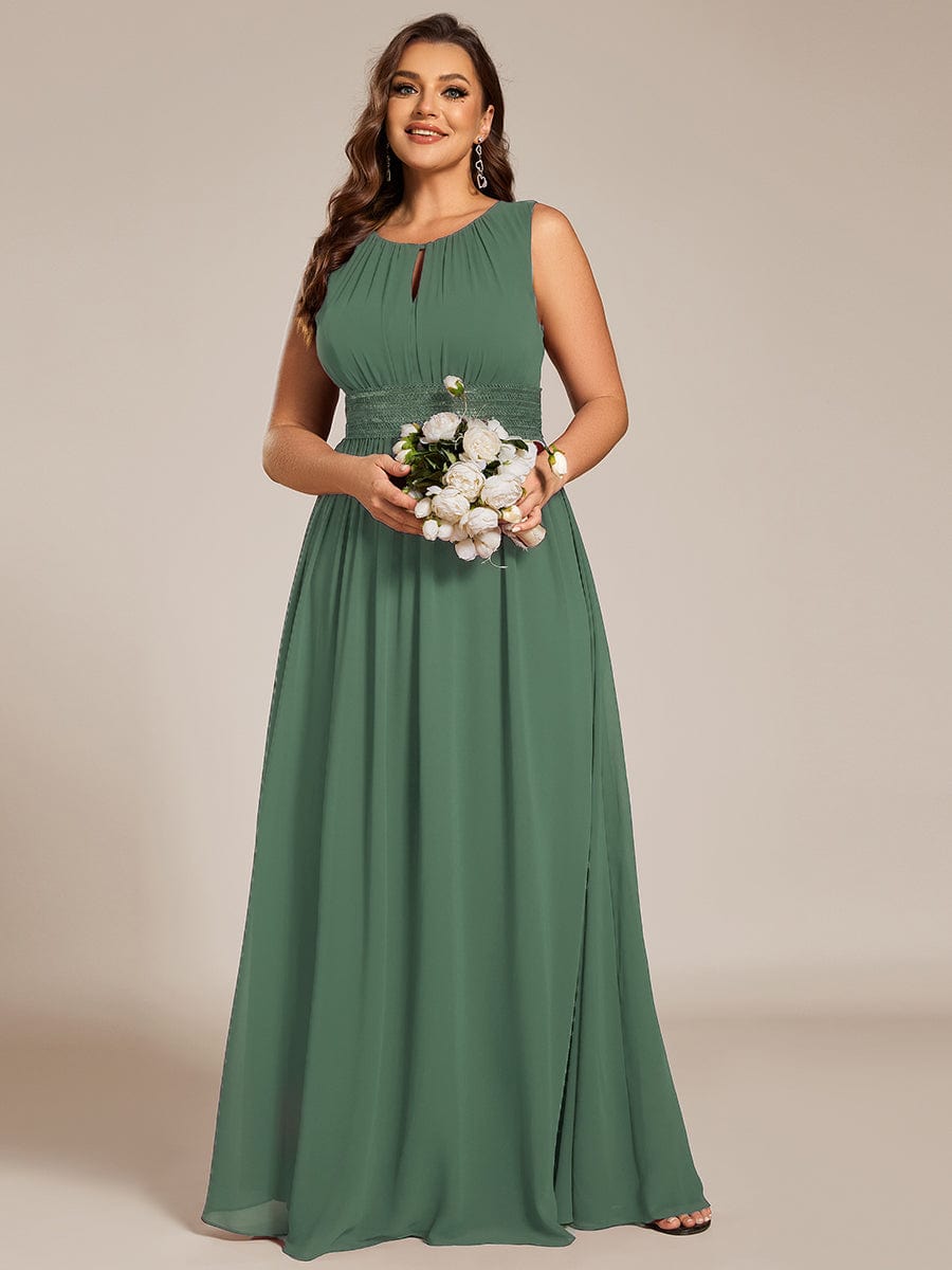A-Line Chiffon Bridesmaid Dress with Sleeveless Round Neckline and Pleats #color_Eucalyptus Green
