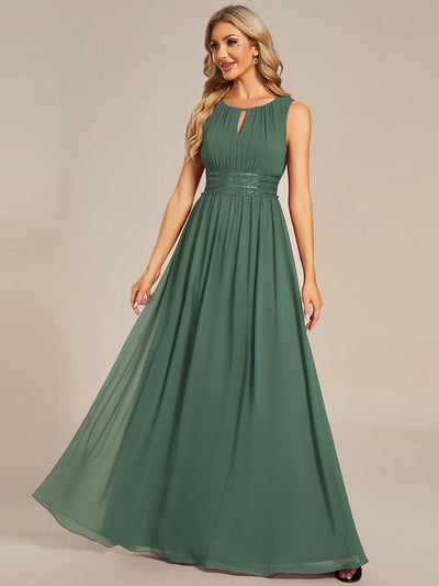 A-Line Chiffon Bridesmaid Dress with Sleeveless Round Neckline and Pleats #color_Eucalyptus Green