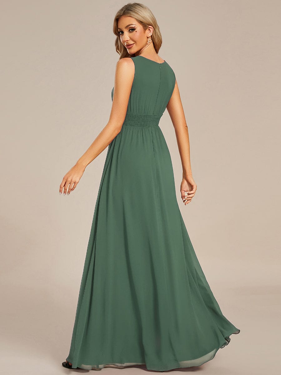 A-Line Chiffon Bridesmaid Dress with Sleeveless Round Neckline and Pleats #color_Eucalyptus Green