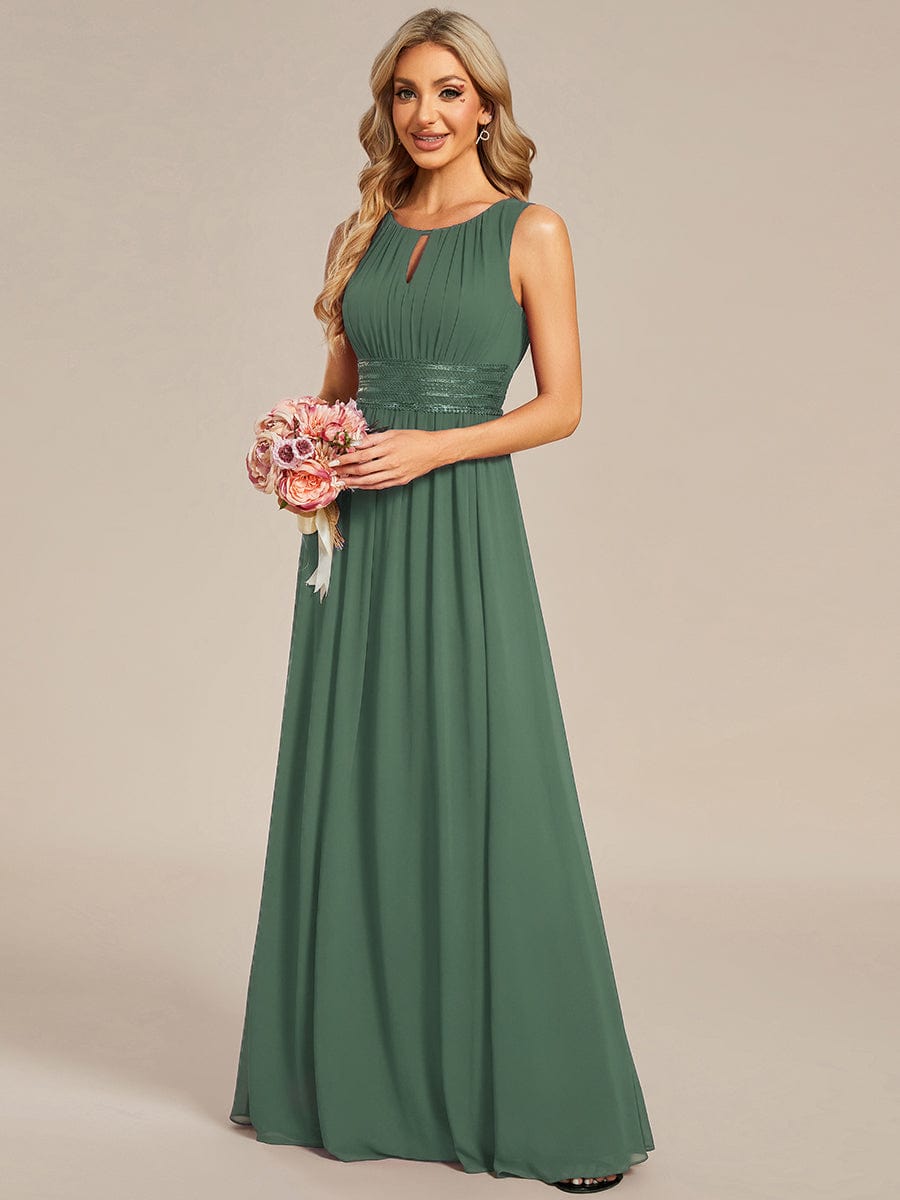 A-Line Chiffon Bridesmaid Dress with Sleeveless Round Neckline and Pleats #color_Eucalyptus Green
