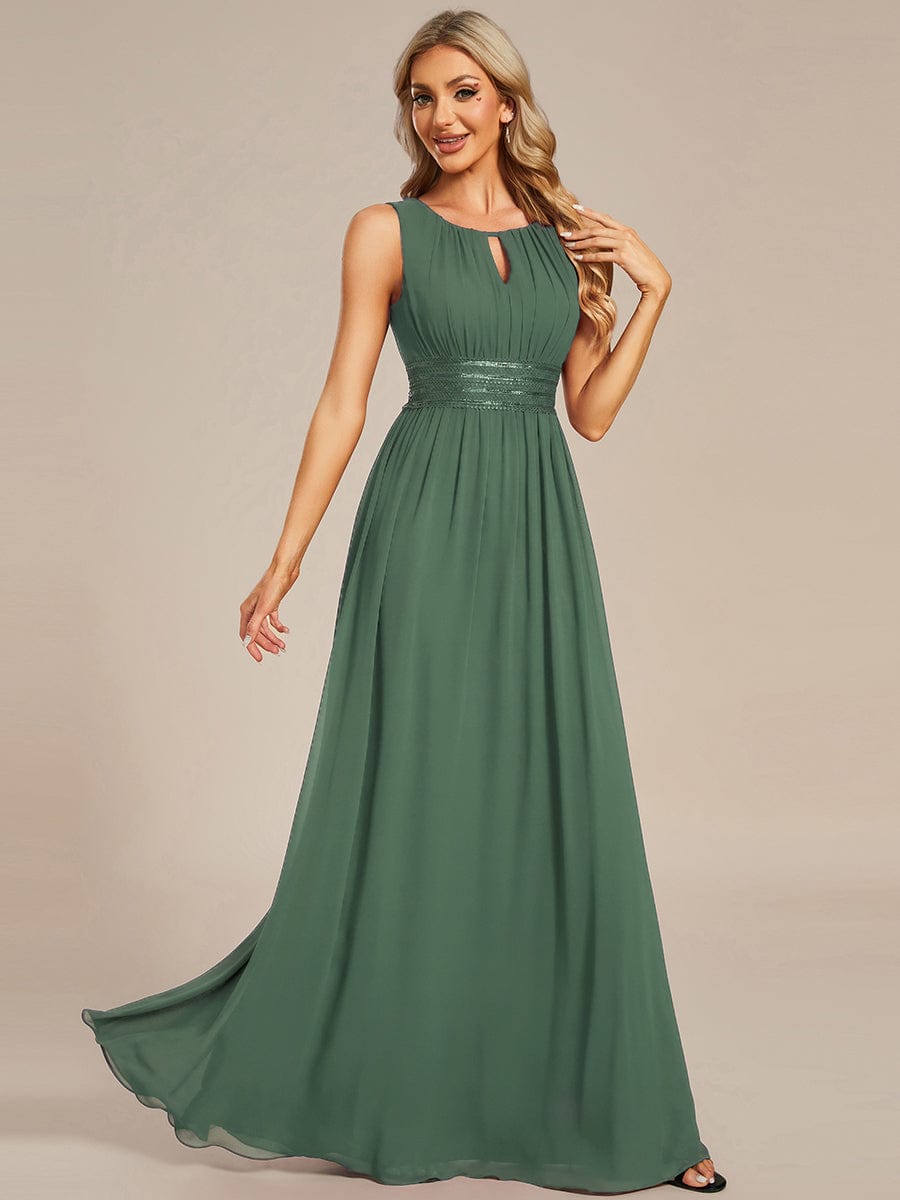 A-Line Chiffon Bridesmaid Dress with Sleeveless Round Neckline and Pleats #color_Eucalyptus Green