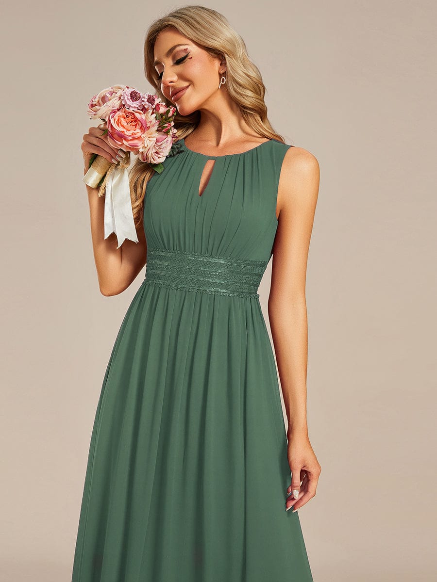 A-Line Chiffon Bridesmaid Dress with Sleeveless Round Neckline and Pleats #color_Eucalyptus Green