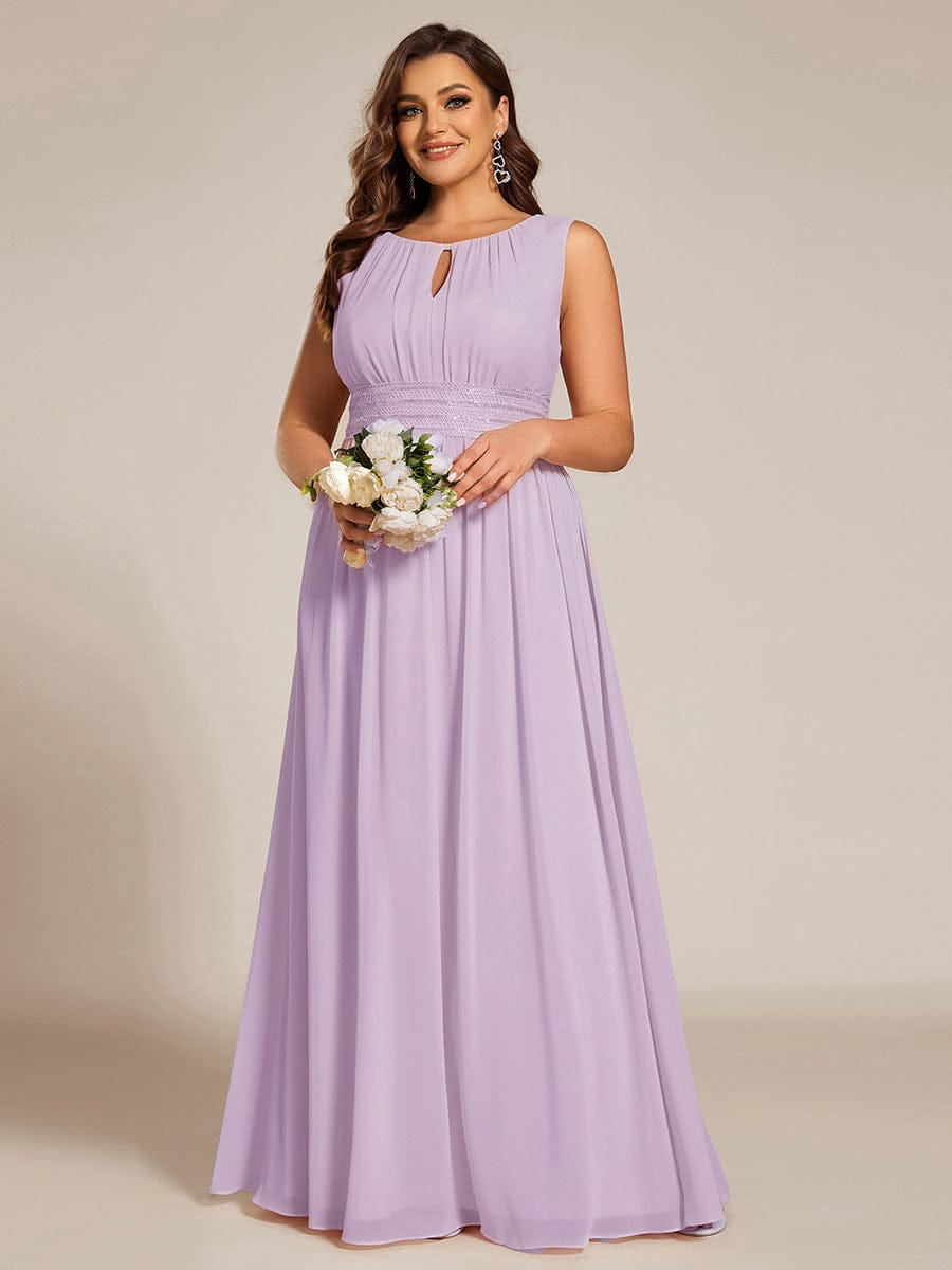 A-Line Chiffon Bridesmaid Dress with Sleeveless Round Neckline and Pleats #color_Frosted Lilac