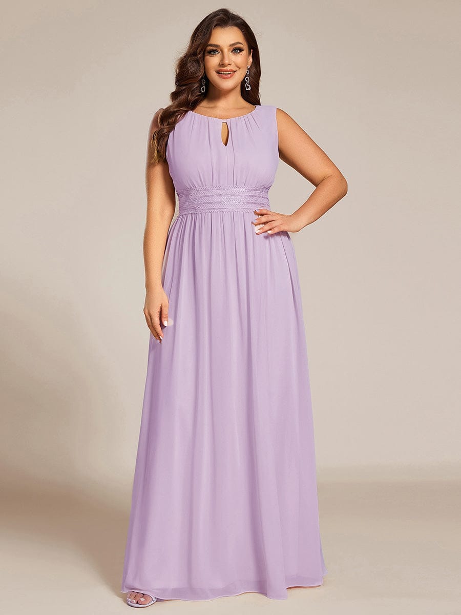 A-Line Chiffon Bridesmaid Dress with Sleeveless Round Neckline and Pleats #color_Frosted Lilac