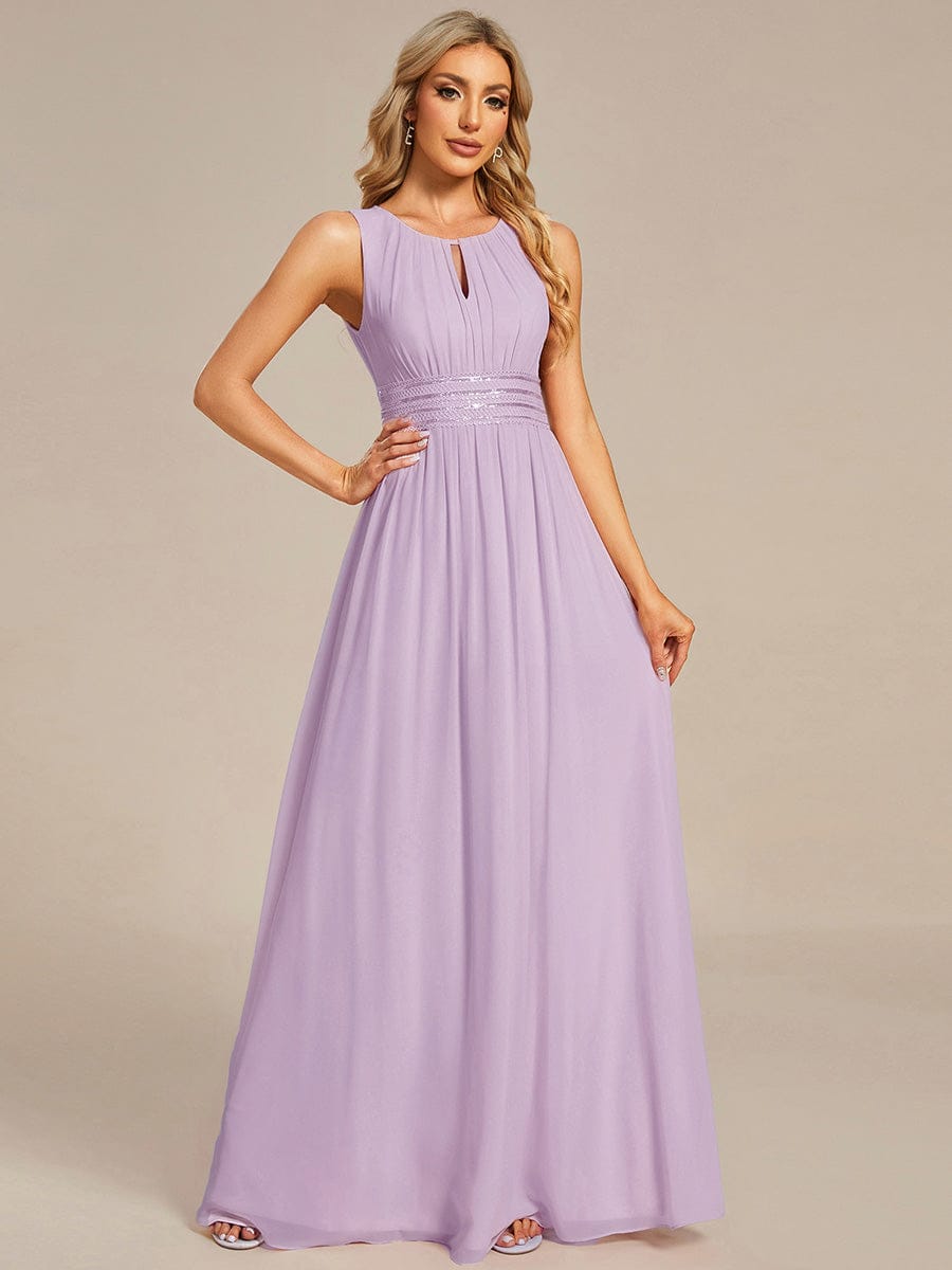A-Line Chiffon Bridesmaid Dress with Sleeveless Round Neckline and Pleats #color_Frosted Lilac