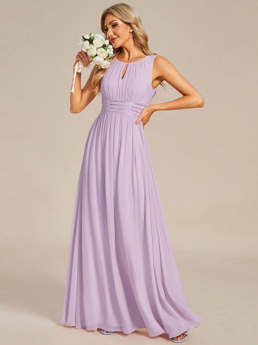 A-Line Chiffon Evening Dress with Sleeveless Round Neckline and Pleats #color_Frosted Lilac
