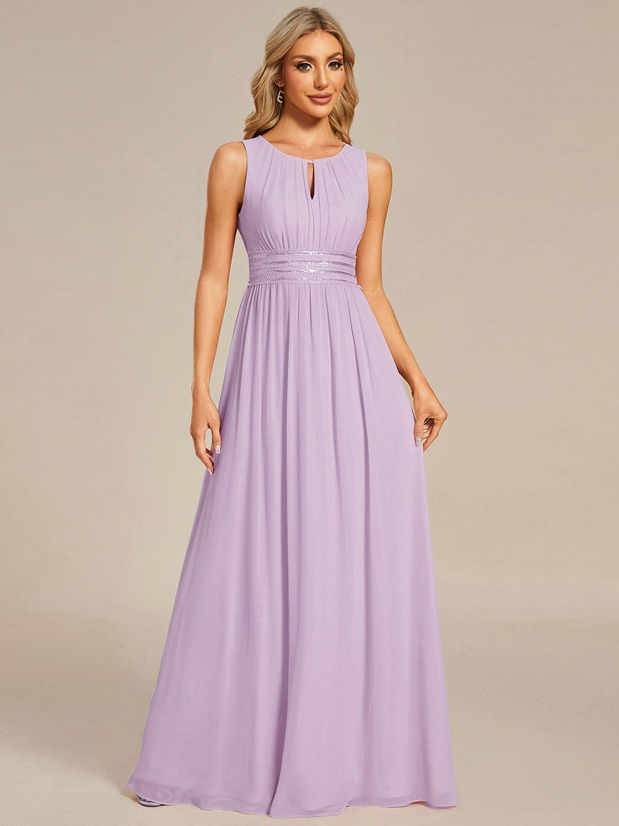 A-Line Chiffon Bridesmaid Dress with Sleeveless Round Neckline and Pleats #color_Frosted Lilac
