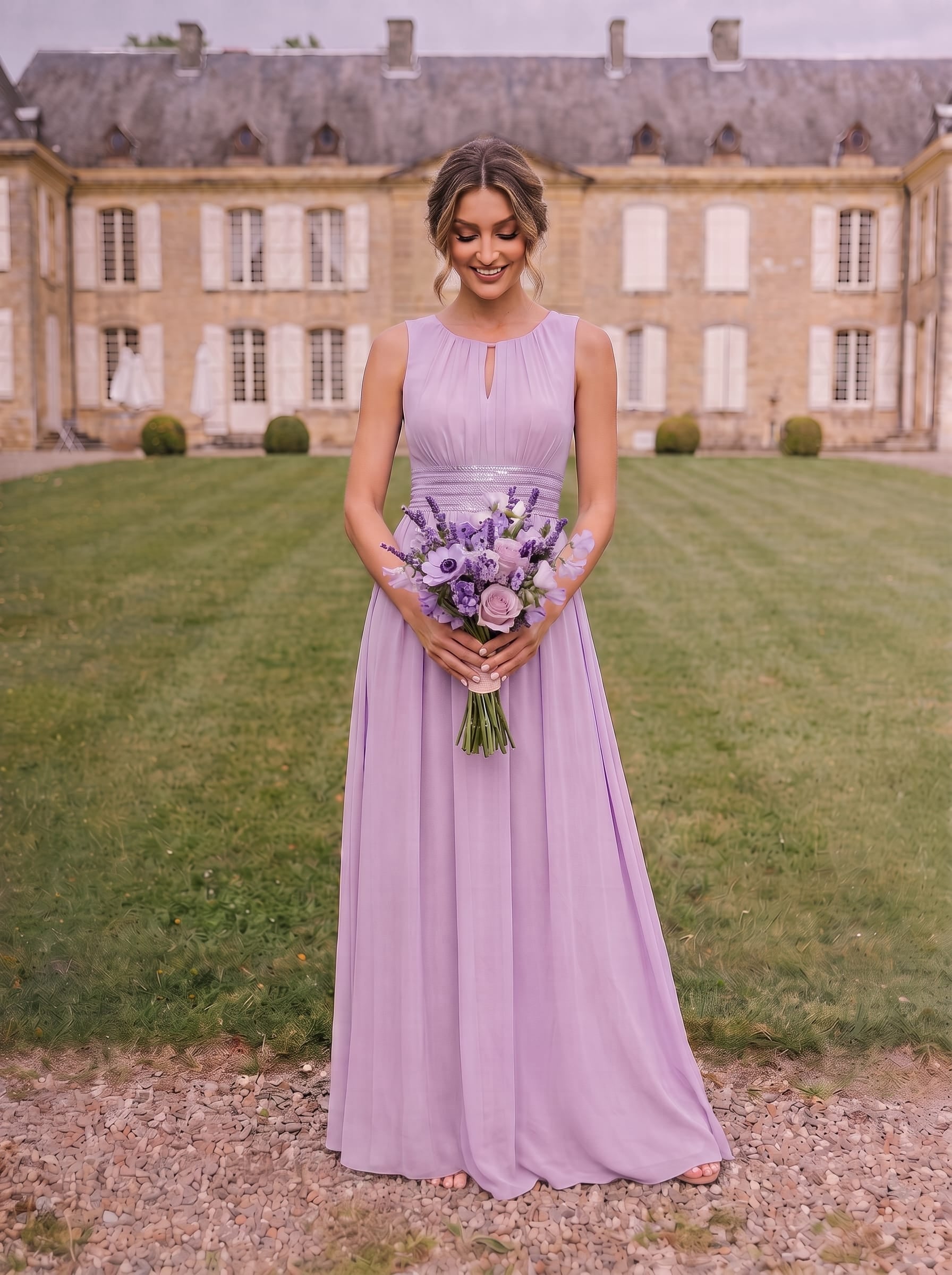 A-Line Chiffon Bridesmaid Dress with Sleeveless Round Neckline and Pleats #color_Frosted Lilac