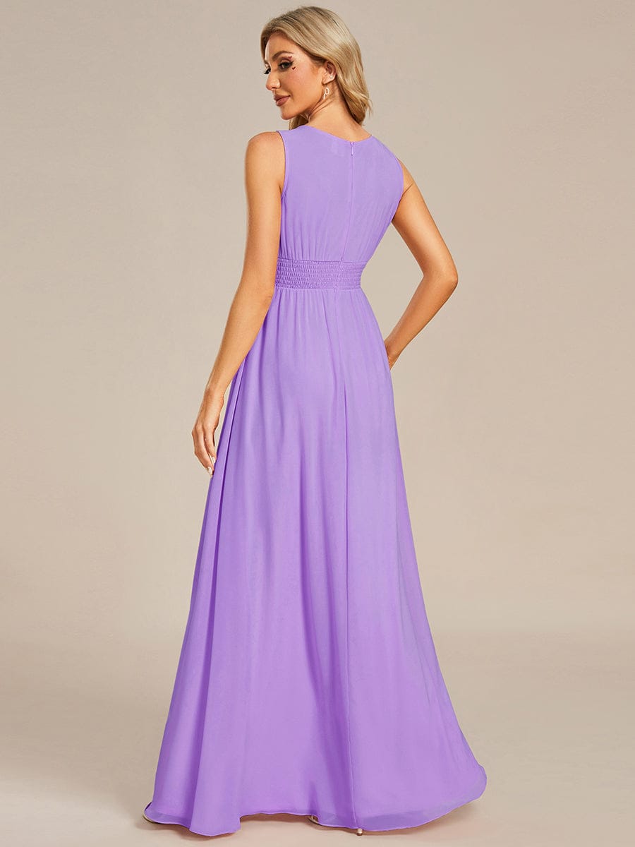 A-Line Chiffon Bridesmaid Dress with Sleeveless Round Neckline and Pleats #color_Lavender