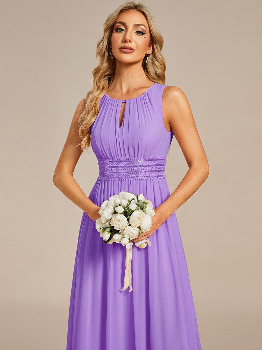 A-Line Chiffon Bridesmaid Dress with Sleeveless Round Neckline and Pleats #color_Lavender