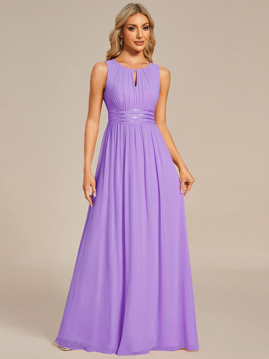 A-Line Chiffon Bridesmaid Dress with Sleeveless Round Neckline and Pleats #color_Lavender
