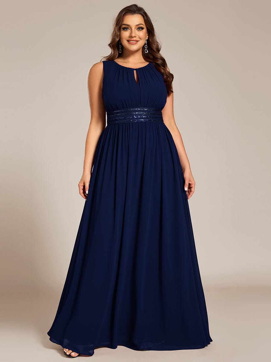 A-Line Chiffon Bridesmaid Dress with Sleeveless Round Neckline and Pleats #color_Navy Blue