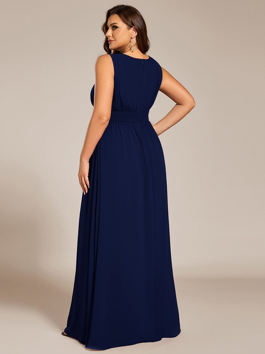 A-Line Chiffon Bridesmaid Dress with Sleeveless Round Neckline and Pleats #color_Navy Blue